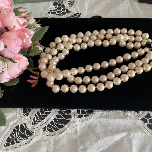 Vintage 1960s Twisted Strand Faux Pearl Necklace, 3 Strands, Pearl Button Clasp - Picture 2 of 11